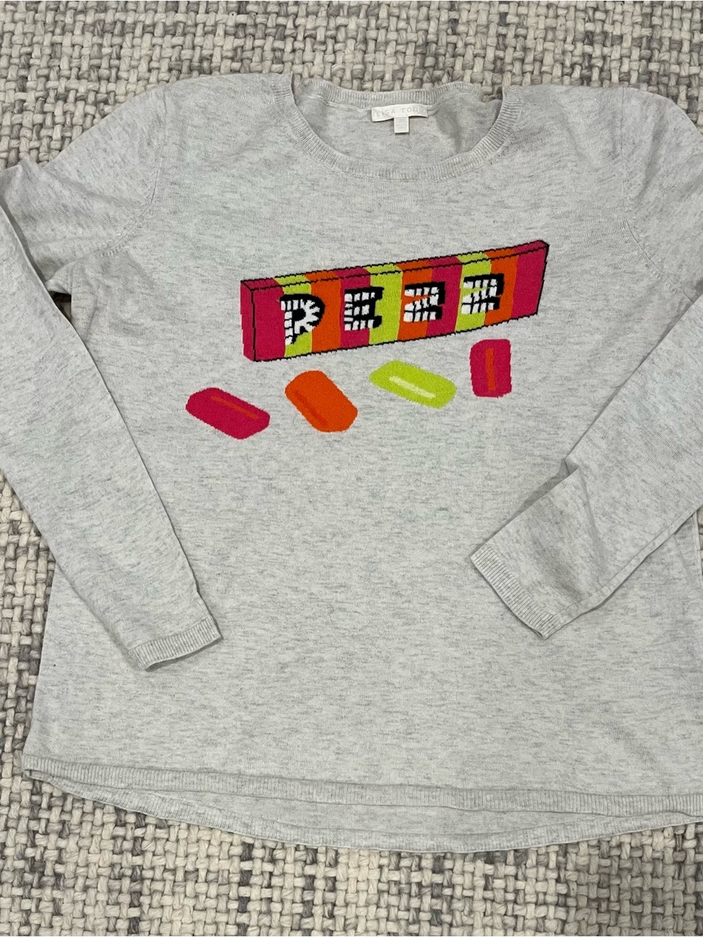 Lisa Todd Light Gray Crewneck Sweater with Bright Candy Graphic